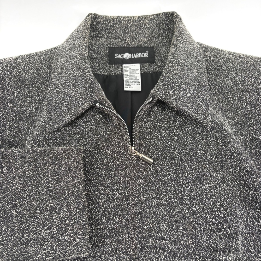 Sag Harbor Womens Black White Salt Pepper Zip Front Jacket Blazer Size 14 - Picture 1 of 8